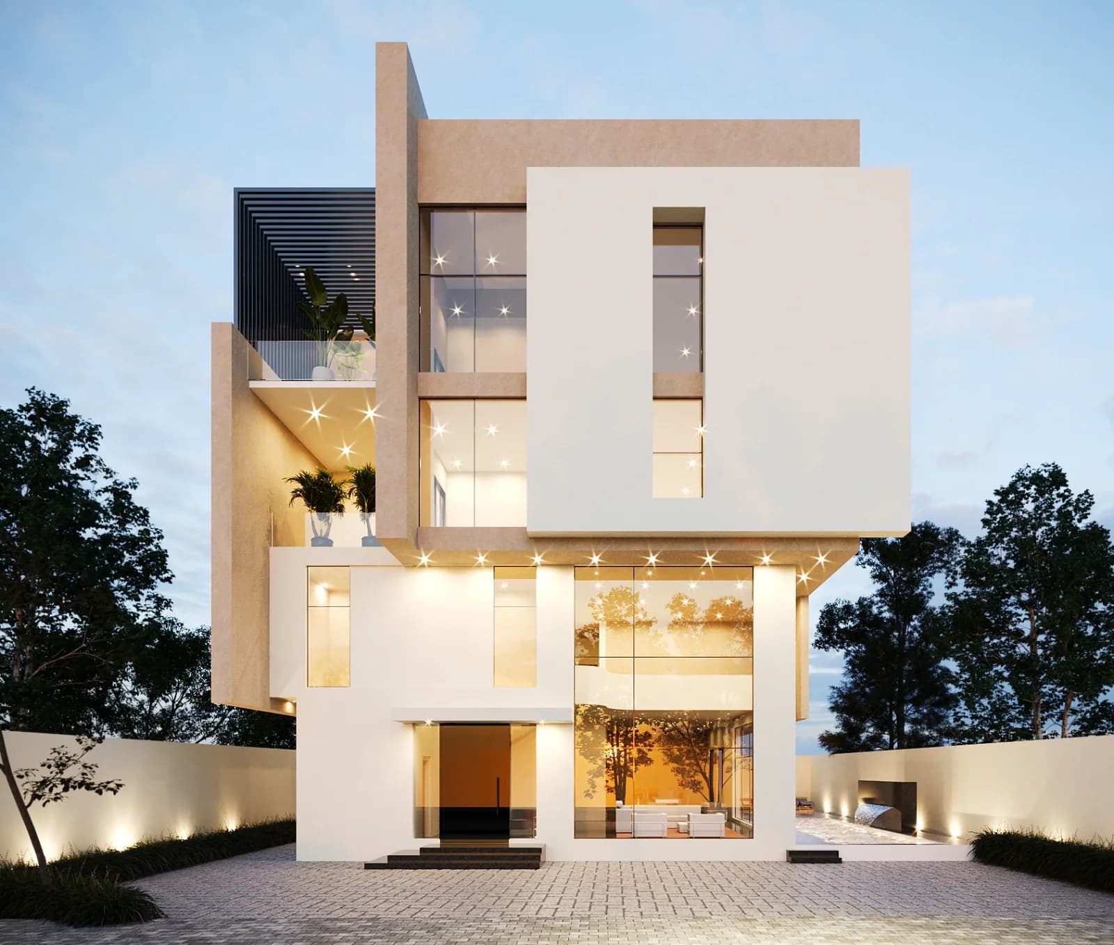 Mitchell Villa exterior at dusk, showing the entrance elevation