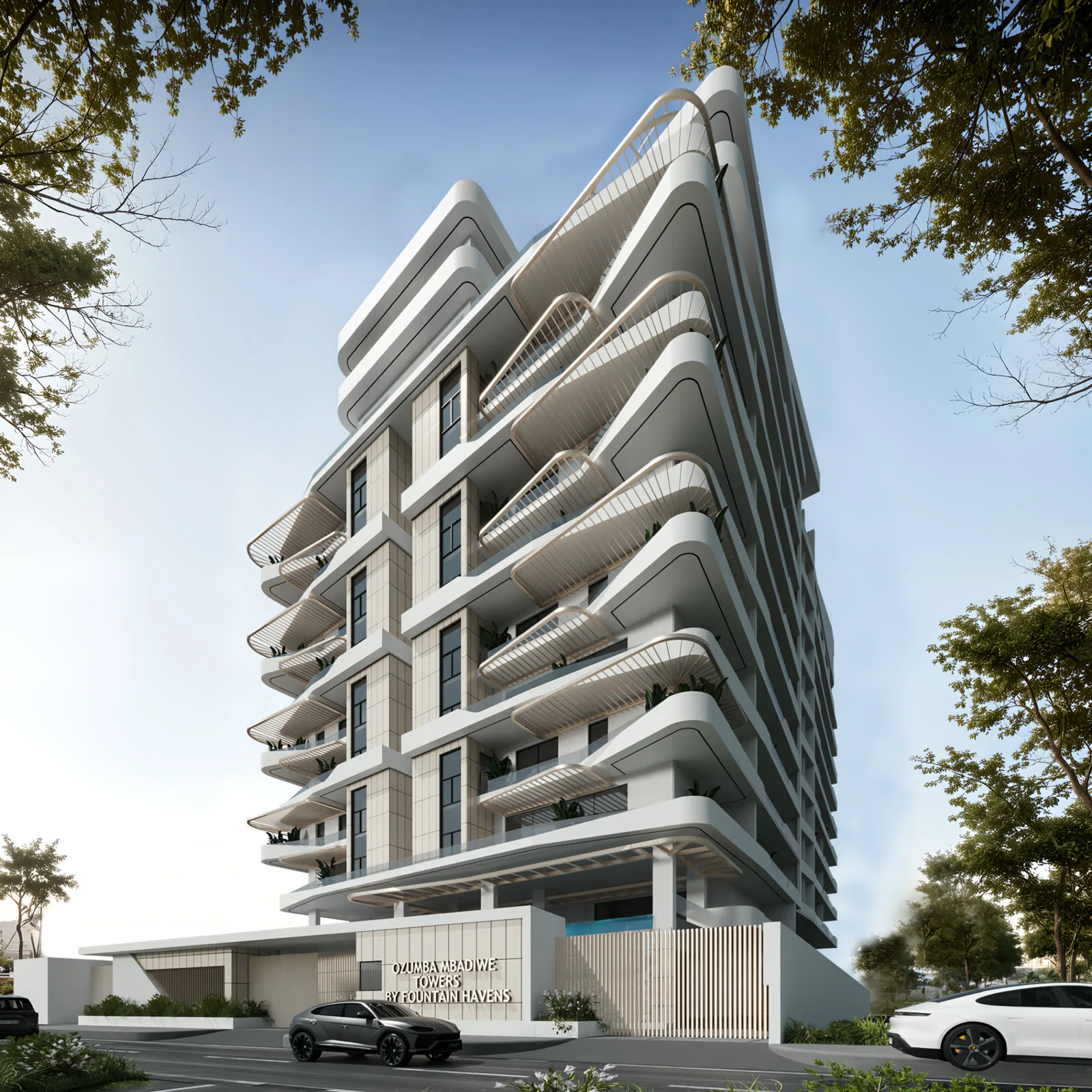 Ozumba Mbadiwe Tower at dusk, a curved-balcony residential tower on Victoria Island, Lagos